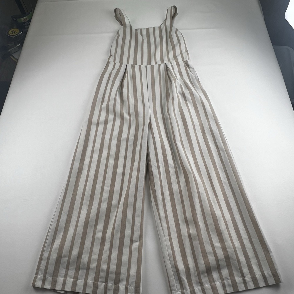 Tan and White Striped Wide Leg Jumpsuit Sleeveless Crisscross Back Pockets
